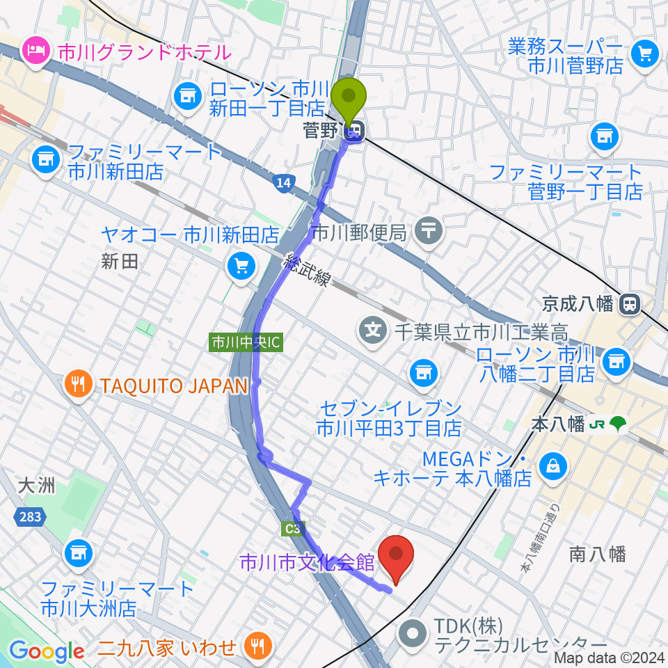 菅野駅から市川市文化会館へのルートマップ地図