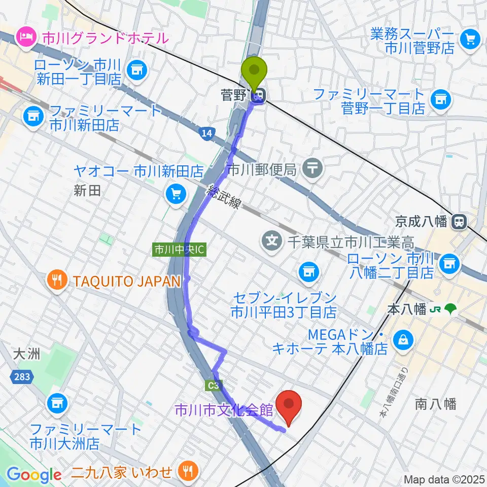 菅野駅から市川市文化会館へのルートマップ地図