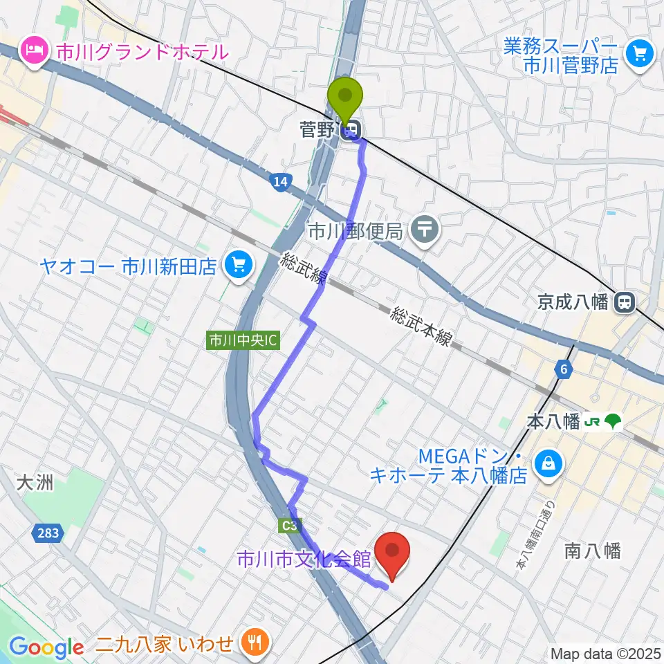 菅野駅から市川市文化会館へのルートマップ地図