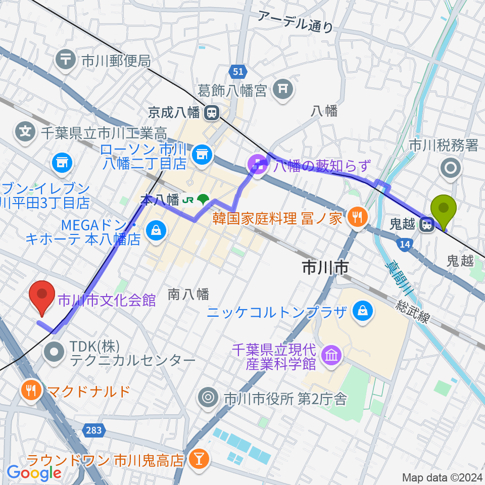 鬼越駅から市川市文化会館へのルートマップ地図