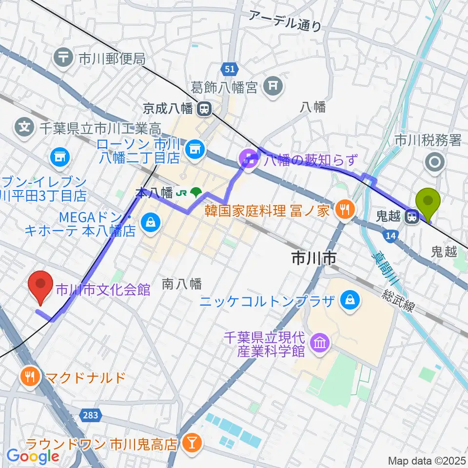 鬼越駅から市川市文化会館へのルートマップ地図