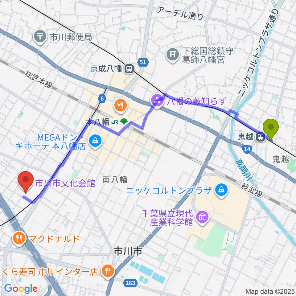 鬼越駅から市川市文化会館へのルートマップ地図