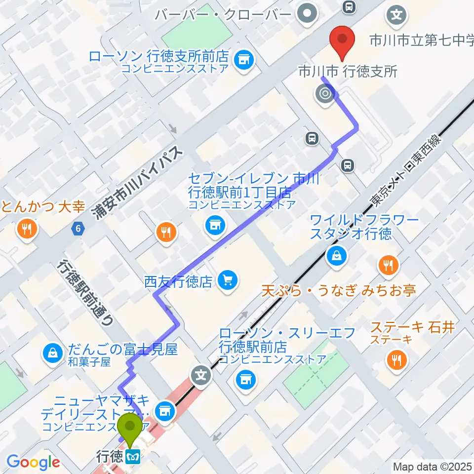 行徳文化ホール I＆Iの最寄駅行徳駅からの徒歩ルート（約7分）地図