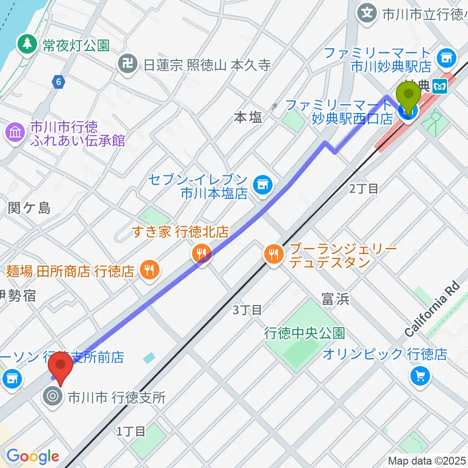 妙典駅から行徳文化ホール I＆Iへのルートマップ地図