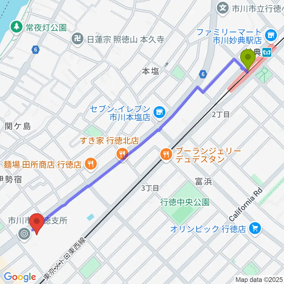 妙典駅から行徳文化ホール I＆Iへのルートマップ地図