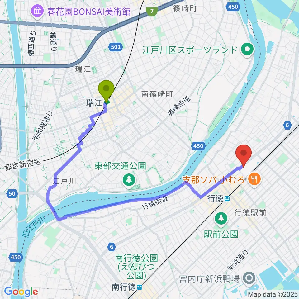 瑞江駅から行徳文化ホール I＆Iへのルートマップ地図