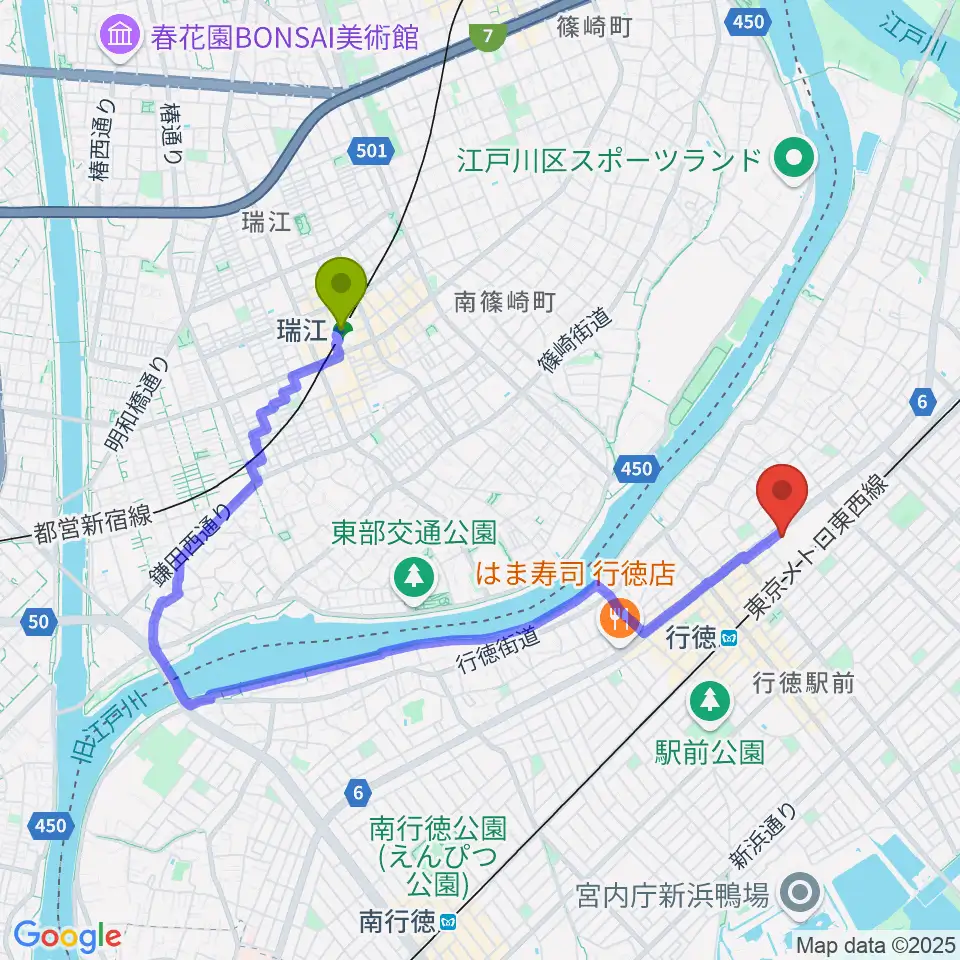 瑞江駅から行徳文化ホール I＆Iへのルートマップ地図