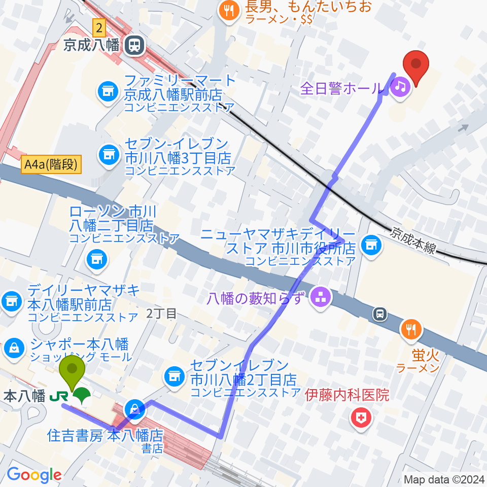 全日警ホールの最寄駅本八幡駅からの徒歩ルート（約7分）地図