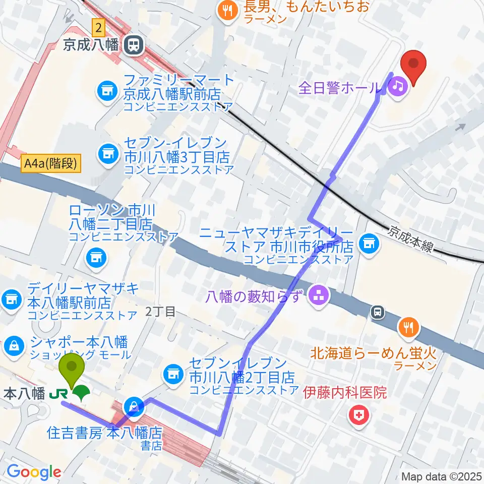 全日警ホールの最寄駅本八幡駅からの徒歩ルート（約7分）地図