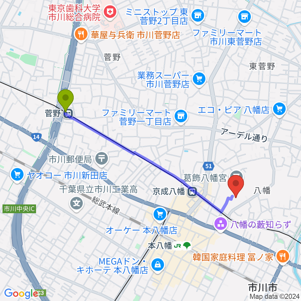 菅野駅から全日警ホールへのルートマップ地図