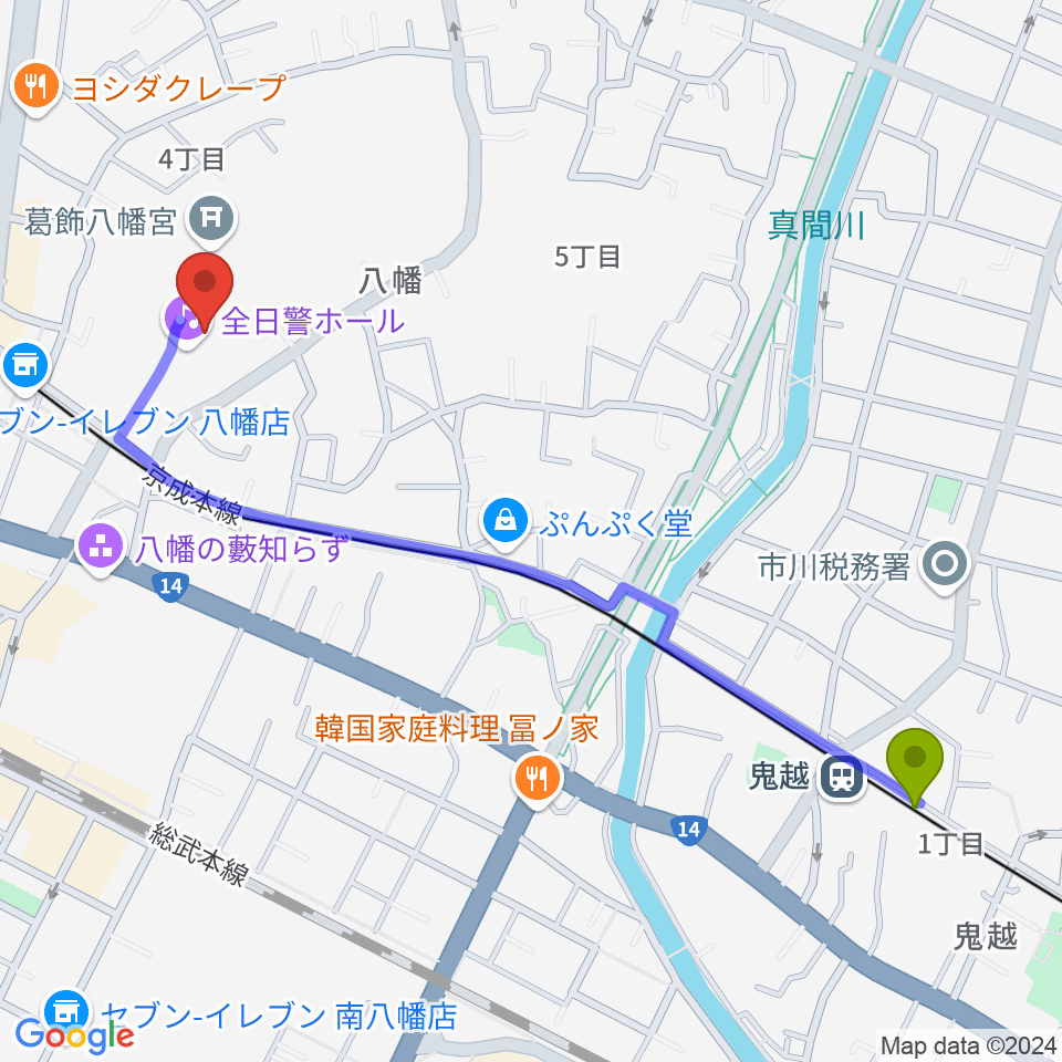 鬼越駅から全日警ホールへのルートマップ地図