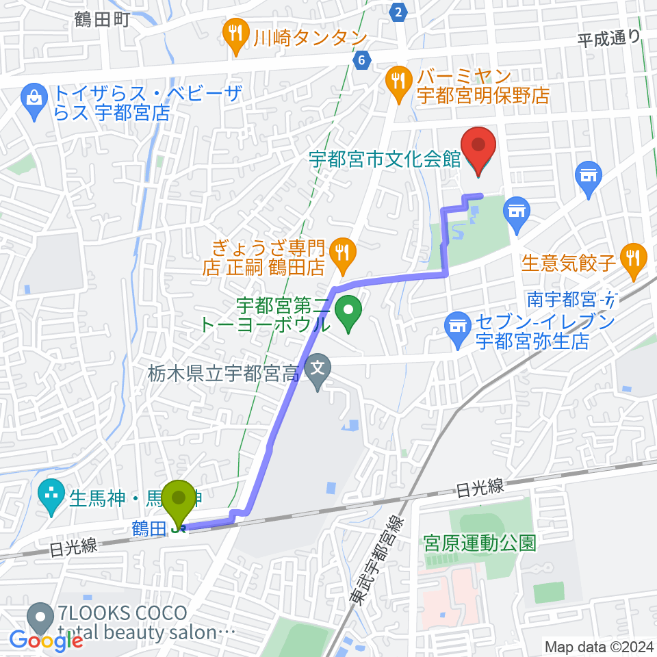 鶴田駅から宇都宮市文化会館へのルートマップ地図
