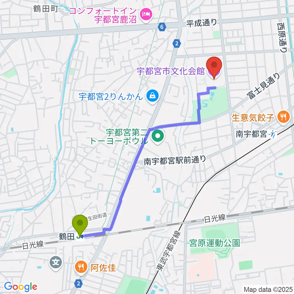 鶴田駅から宇都宮市文化会館へのルートマップ地図