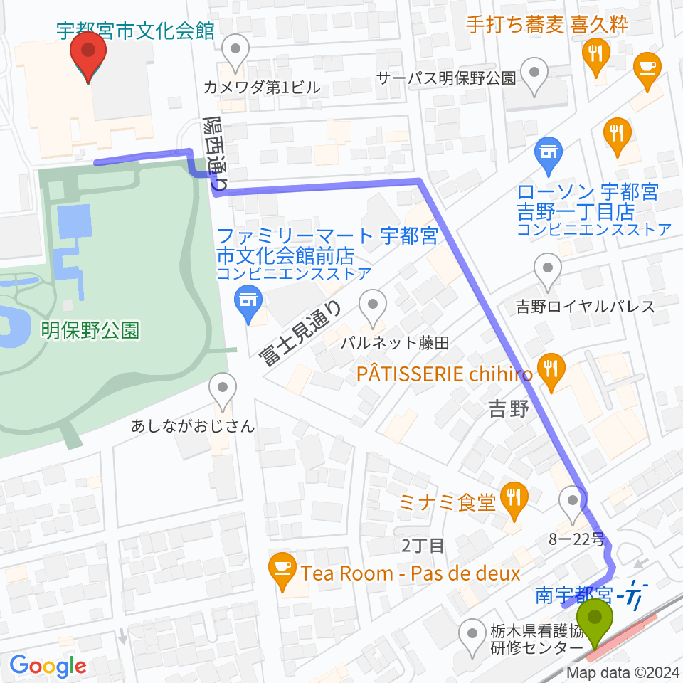 宇都宮市文化会館の最寄駅南宇都宮駅からの徒歩ルート（約9分）地図