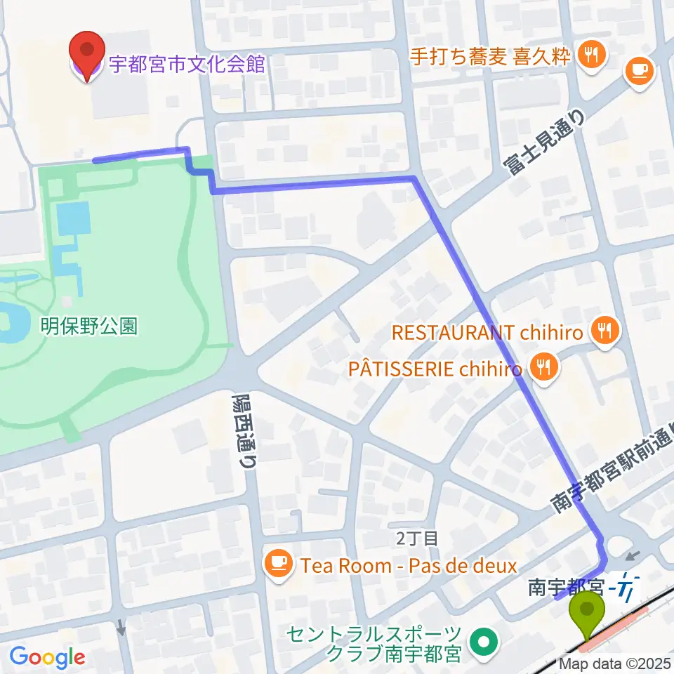 宇都宮市文化会館の最寄駅南宇都宮駅からの徒歩ルート（約9分）地図