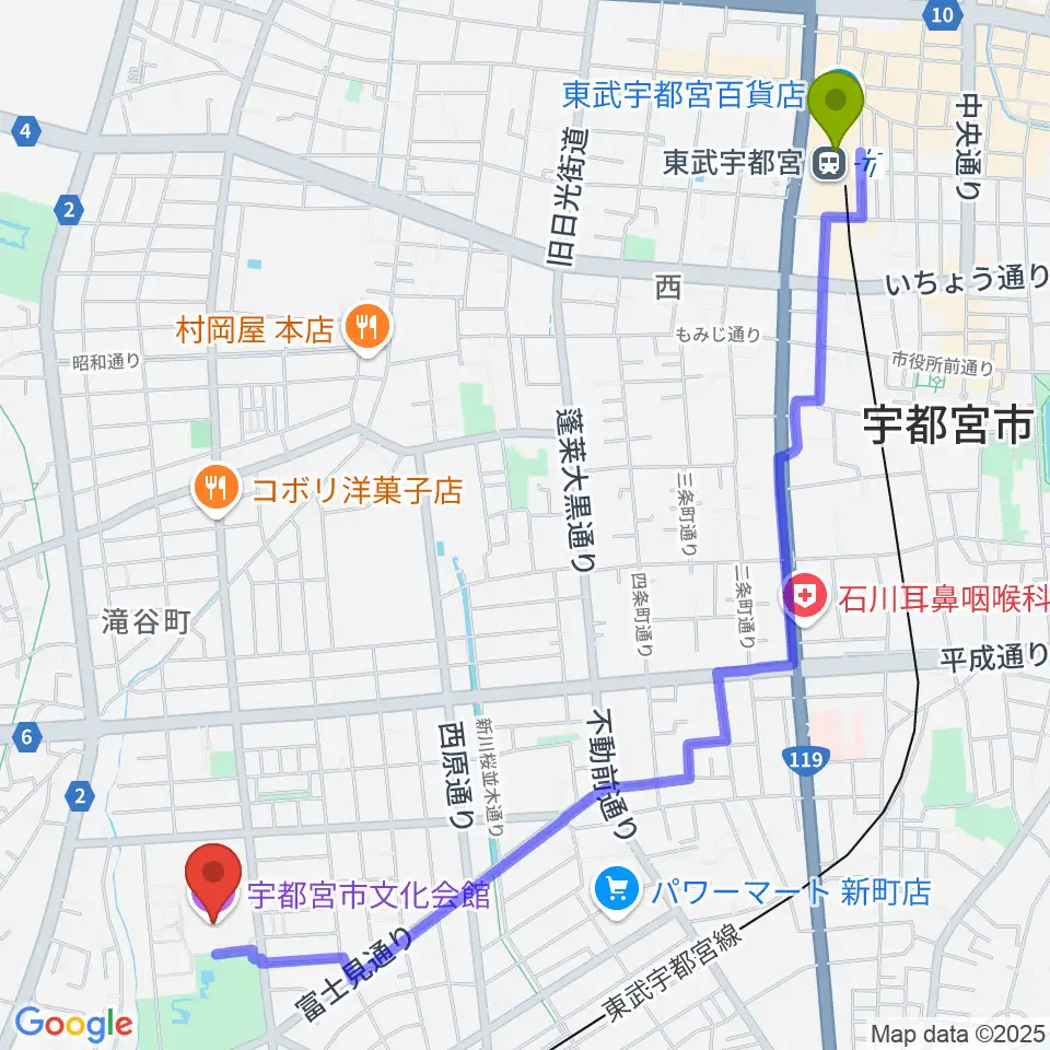 東武宇都宮駅から宇都宮市文化会館へのルートマップ地図