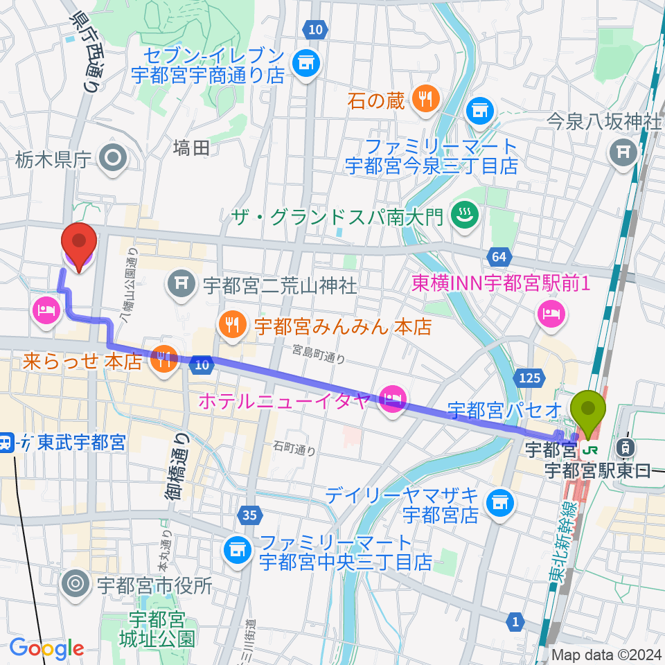 宇都宮駅から栃木県総合文化センターへのルートマップ地図