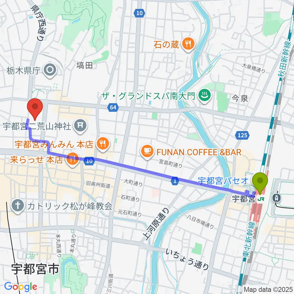 宇都宮駅から栃木県総合文化センターへのルートマップ地図