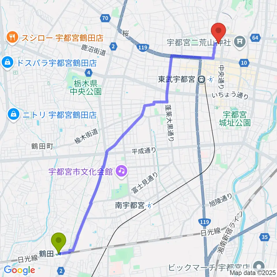 鶴田駅から栃木県総合文化センターへのルートマップ地図