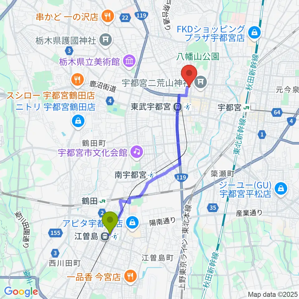 江曽島駅から栃木県総合文化センターへのルートマップ地図