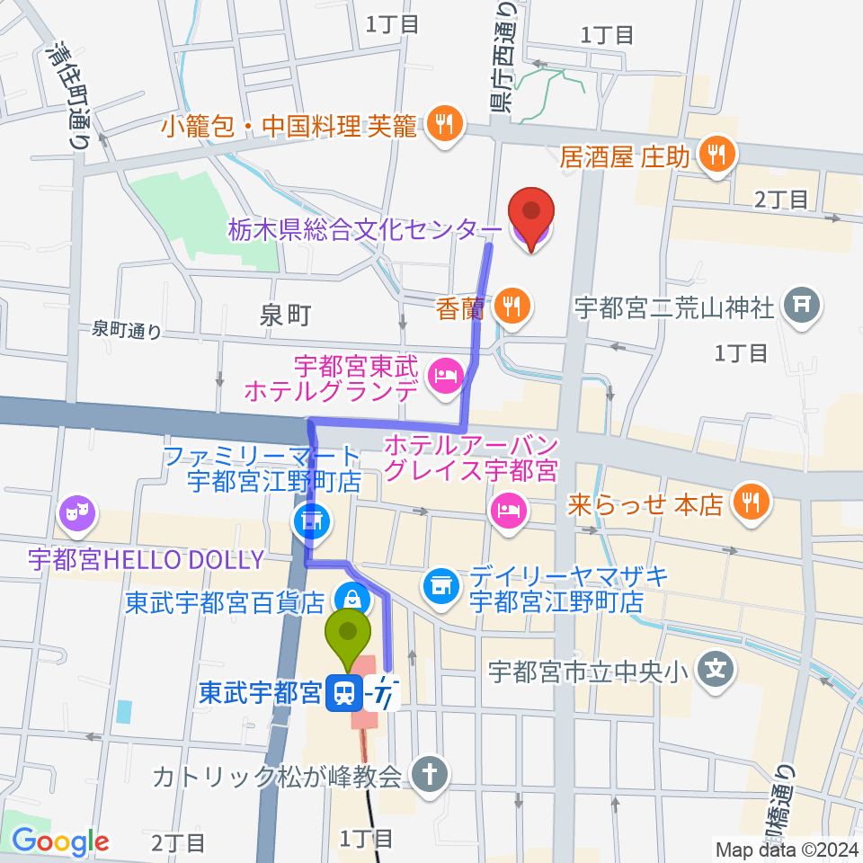 栃木県総合文化センターの最寄駅東武宇都宮駅からの徒歩ルート（約8分）地図