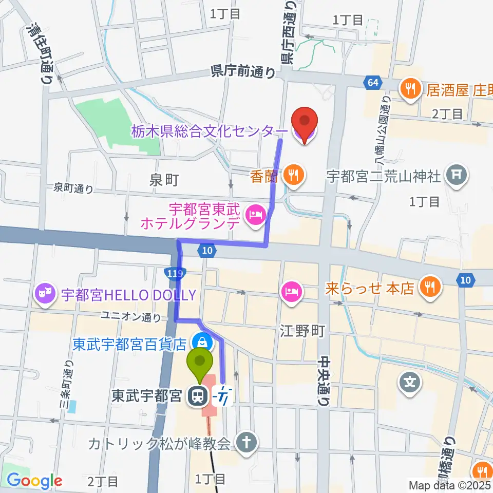 栃木県総合文化センターの最寄駅東武宇都宮駅からの徒歩ルート（約8分）地図
