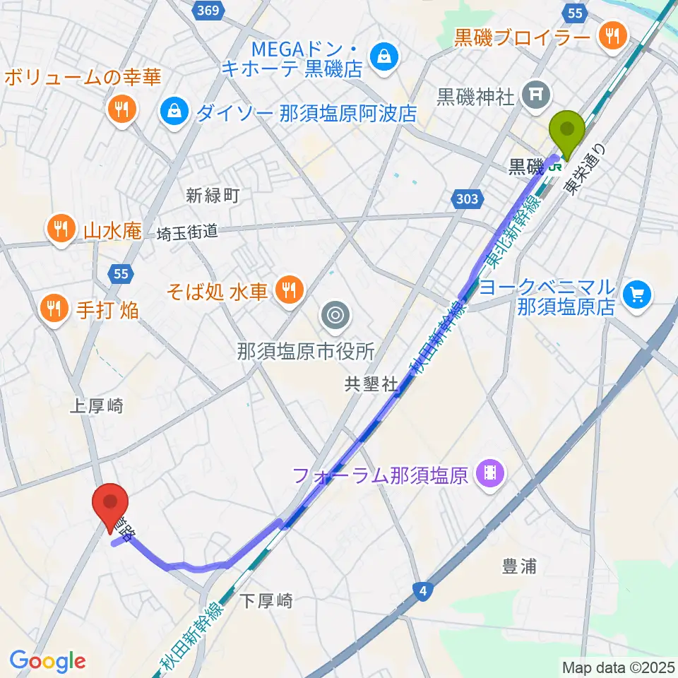 黒磯駅から大正堂くろいそみるひぃホールへのルートマップ地図