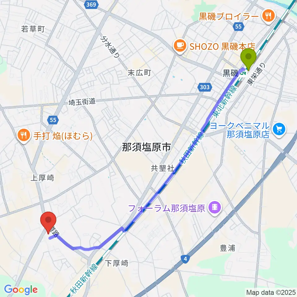 黒磯駅から大正堂くろいそみるひぃホールへのルートマップ地図