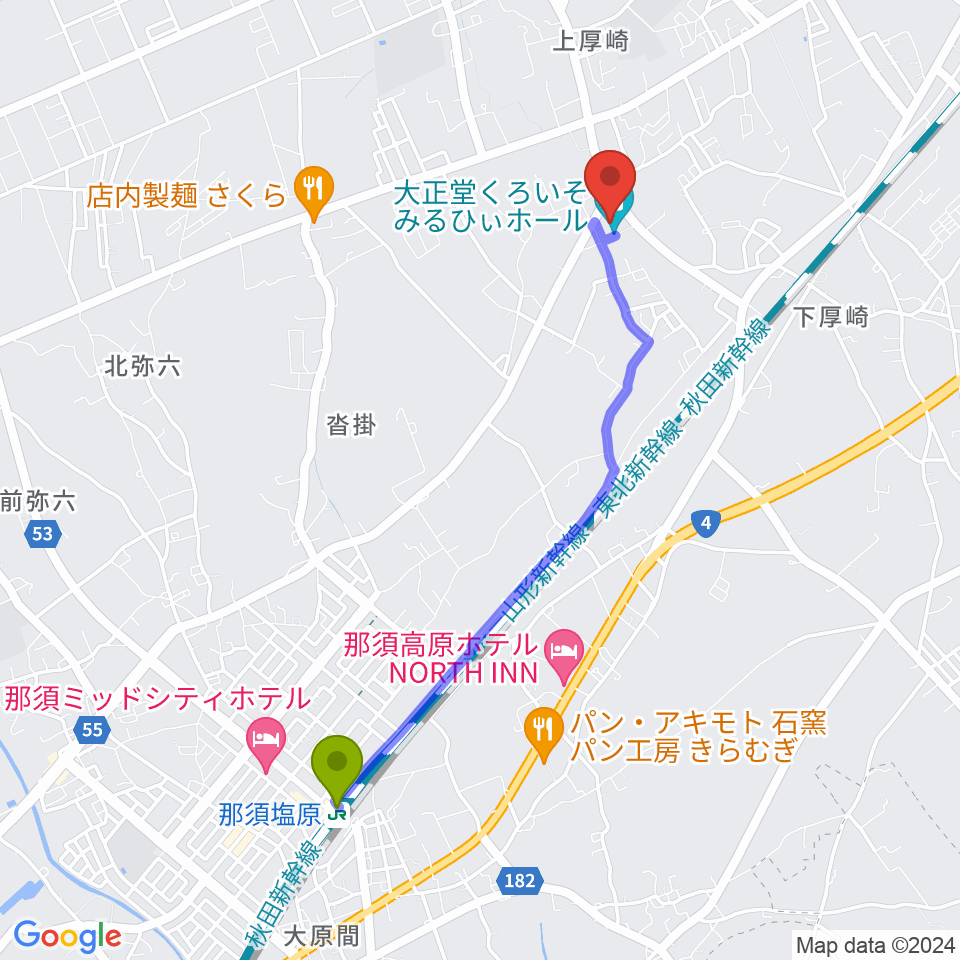 大正堂くろいそみるひぃホールの最寄駅那須塩原駅からの徒歩ルート（約41分）地図