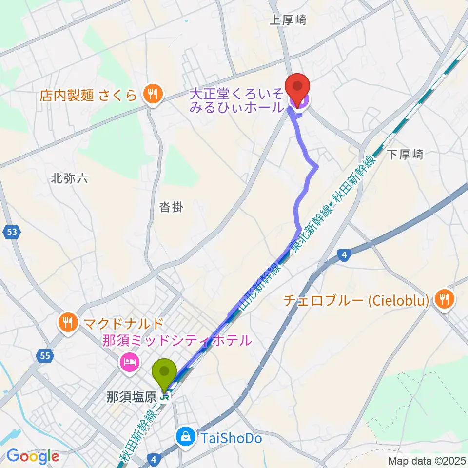 大正堂くろいそみるひぃホールの最寄駅那須塩原駅からの徒歩ルート（約41分）地図