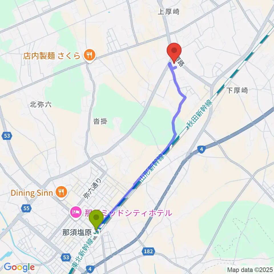 大正堂くろいそみるひぃホールの最寄駅那須塩原駅からの徒歩ルート（約41分）地図