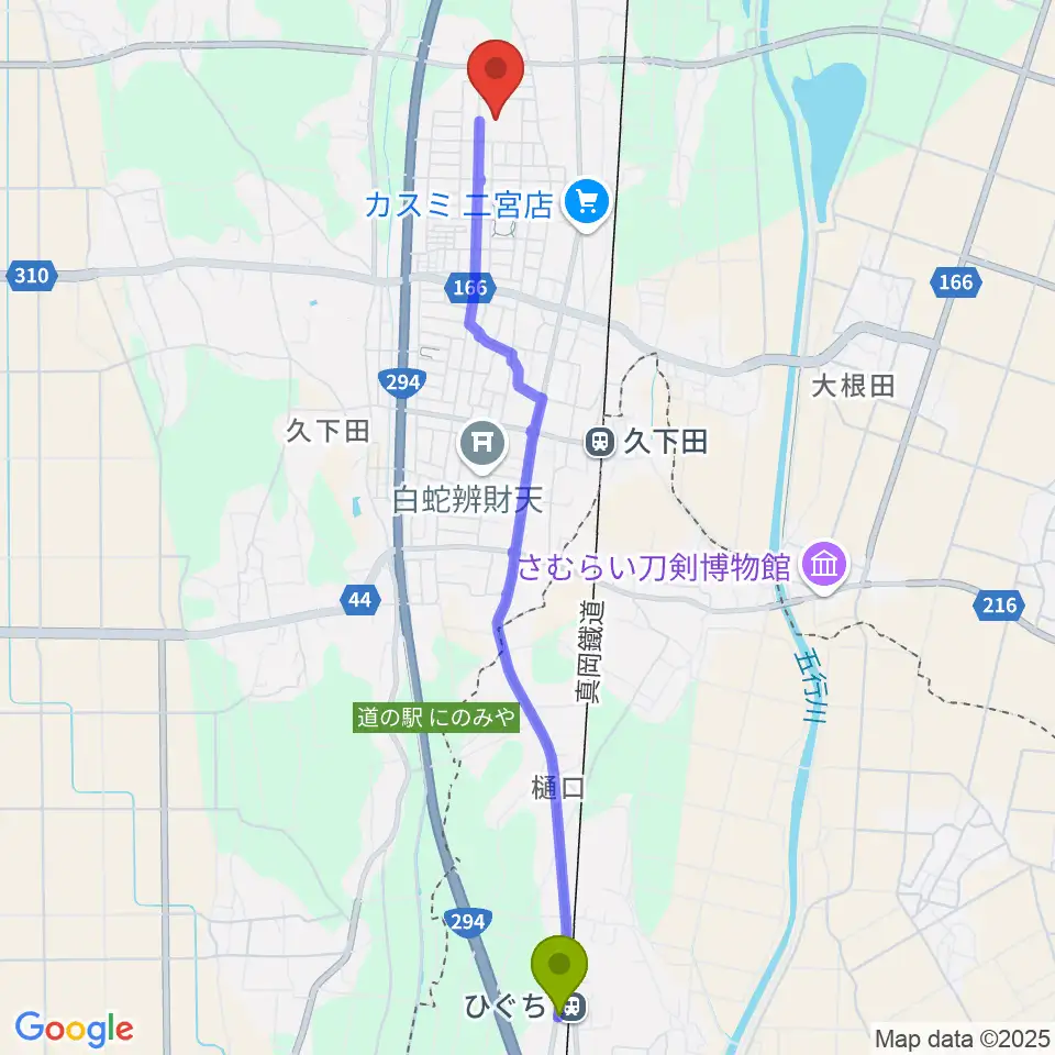 ひぐち駅からにのみやとちおとめホール 真岡市生涯学習館へのルートマップ地図