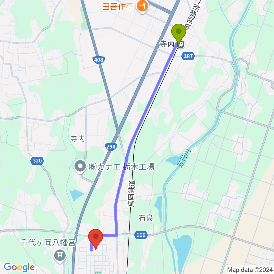 寺内駅からにのみやとちおとめホール 真岡市生涯学習館へのルートマップ地図