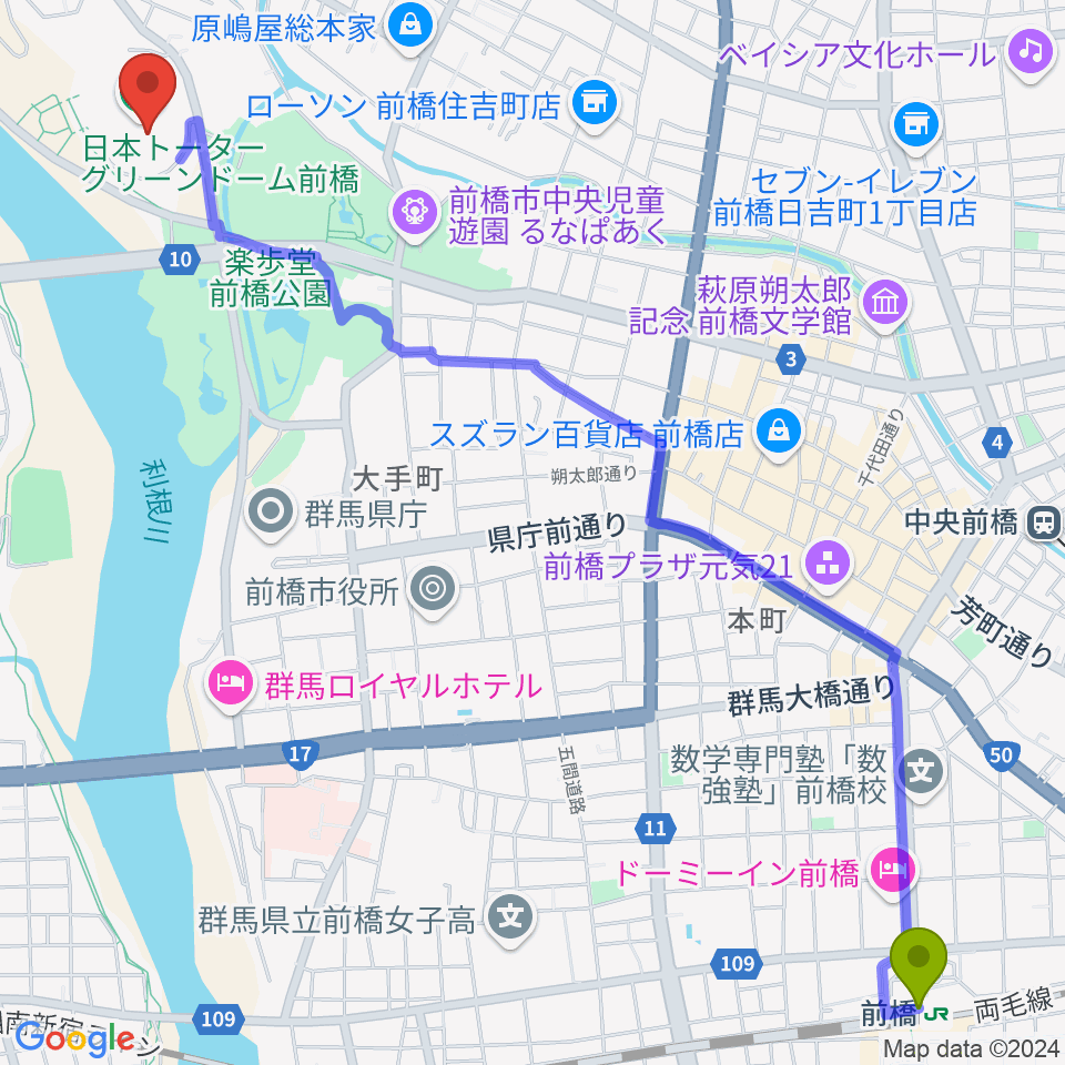 前橋駅から日本トーターグリーンドーム前橋へのルートマップ地図