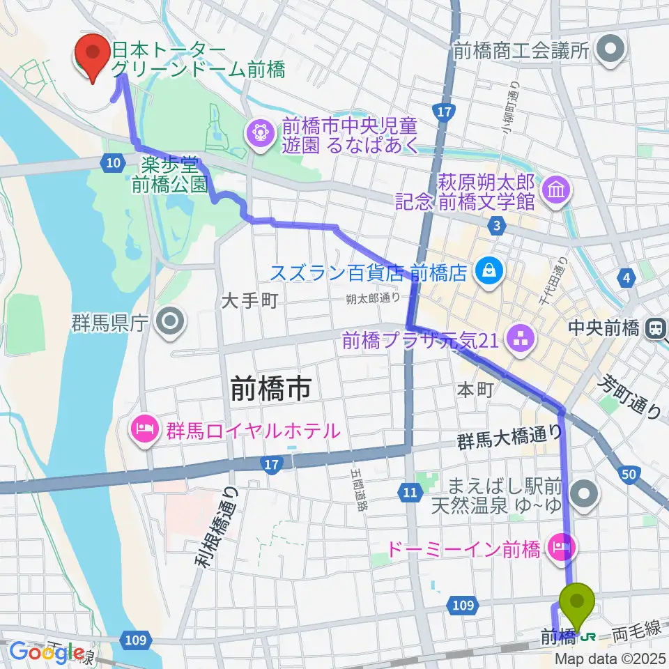 前橋駅から日本トーターグリーンドーム前橋へのルートマップ地図