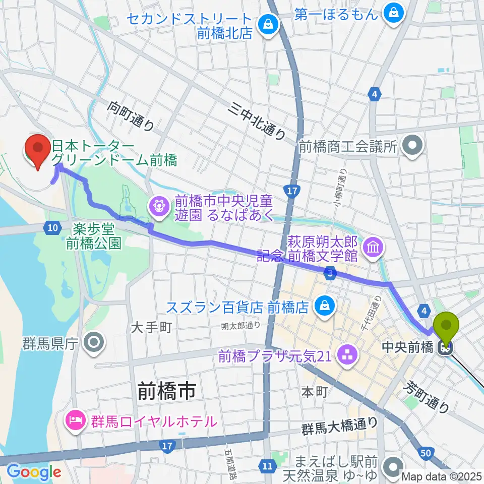 日本トーターグリーンドーム前橋の最寄駅中央前橋駅からの徒歩ルート（約28分）地図