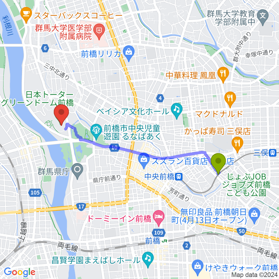 城東駅から日本トーターグリーンドーム前橋へのルートマップ地図
