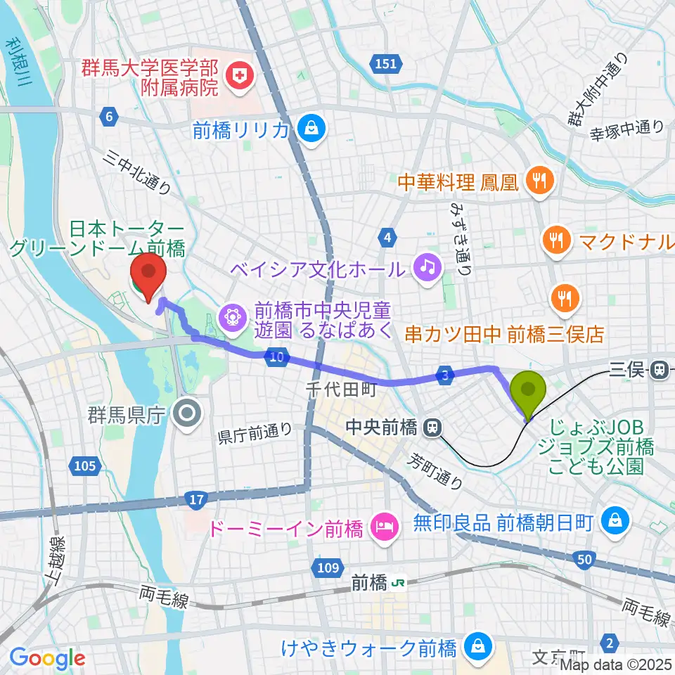 城東駅から日本トーターグリーンドーム前橋へのルートマップ地図