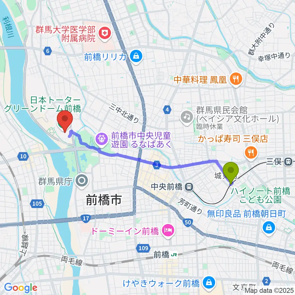 城東駅から日本トーターグリーンドーム前橋へのルートマップ地図