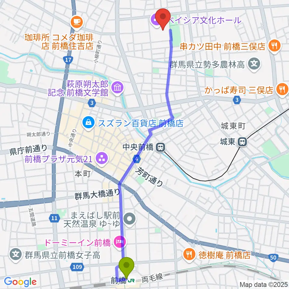 前橋駅から群馬県民会館[休館]へのルートマップ地図