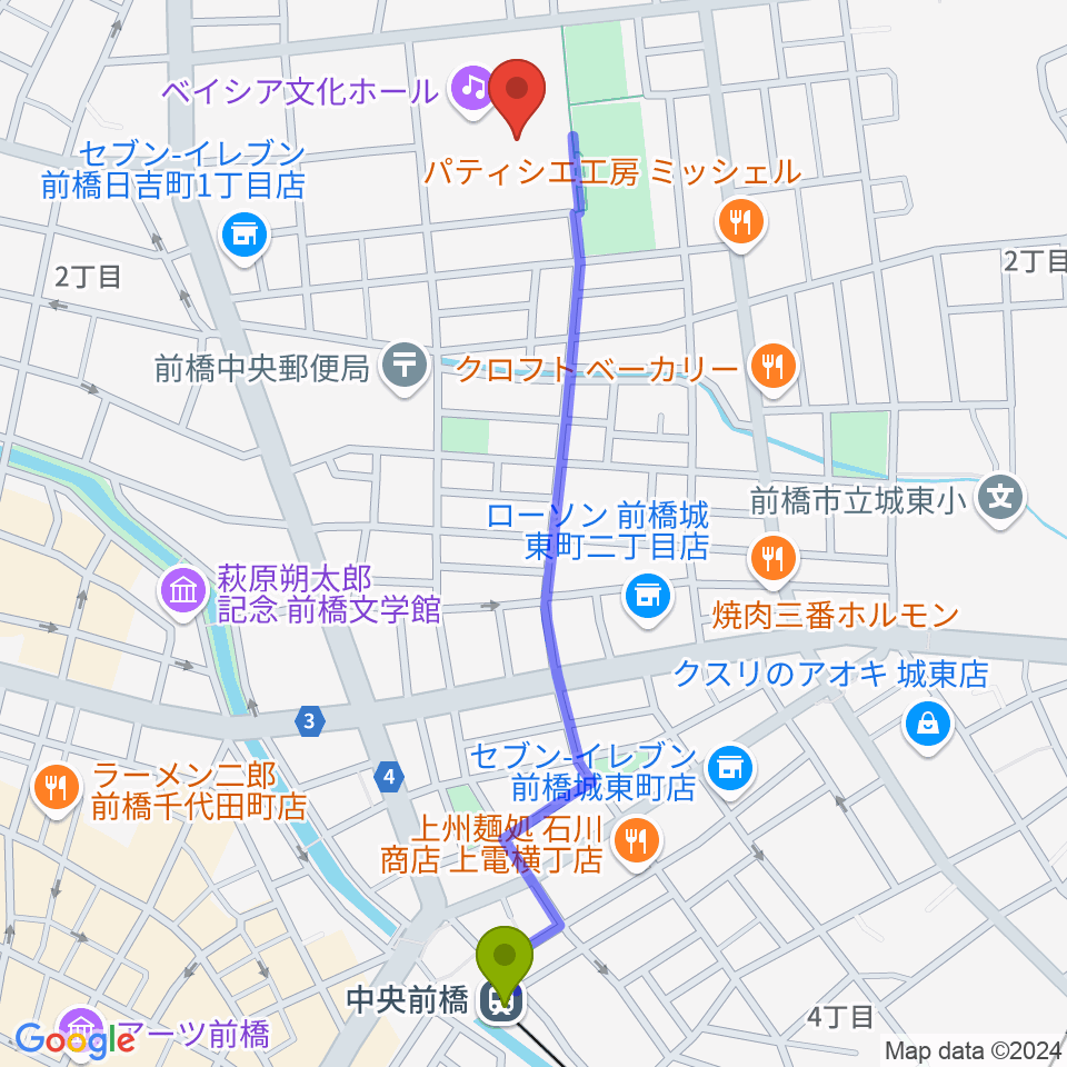 ベイシア文化ホールの最寄駅中央前橋駅からの徒歩ルート（約12分）地図