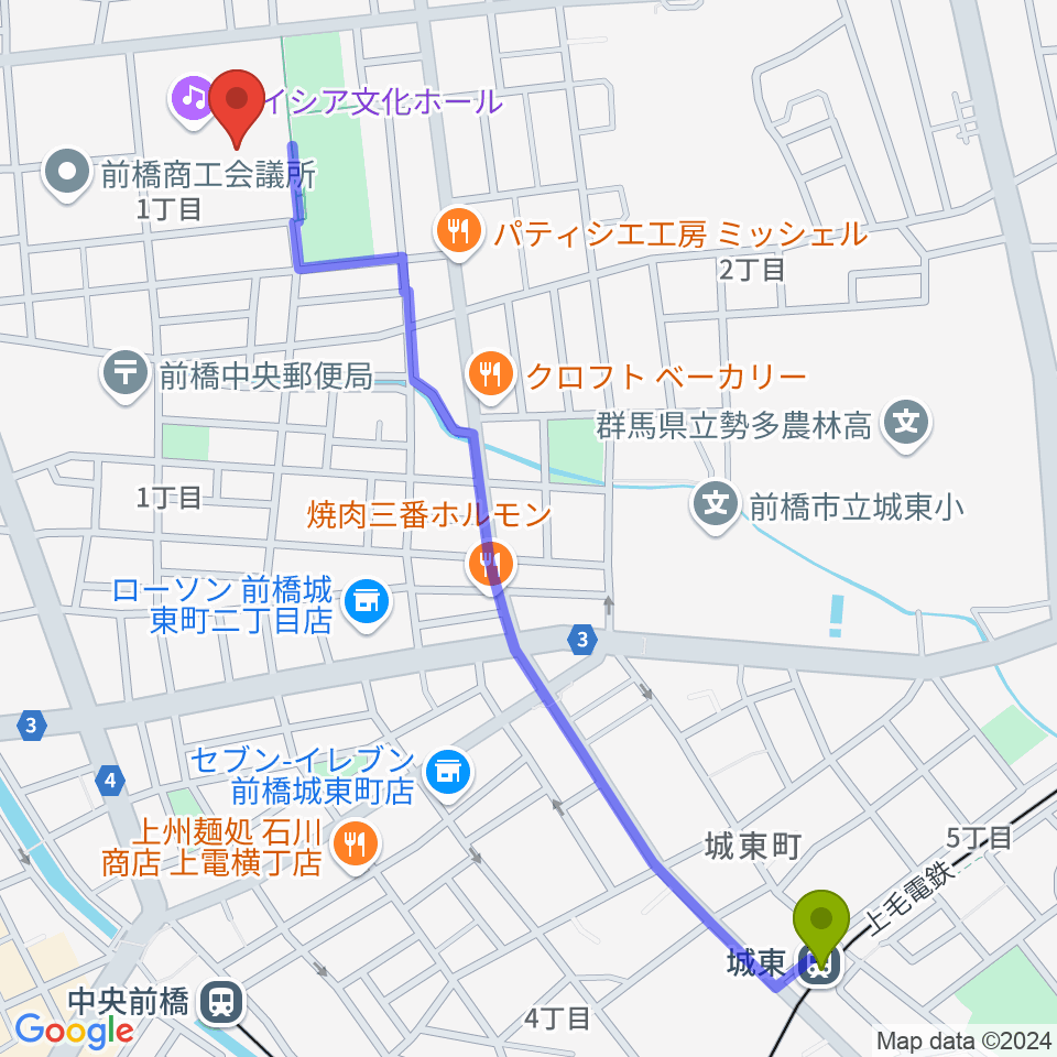 城東駅からベイシア文化ホールへのルートマップ地図