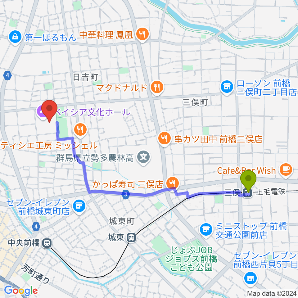 三俣駅からベイシア文化ホールへのルートマップ地図