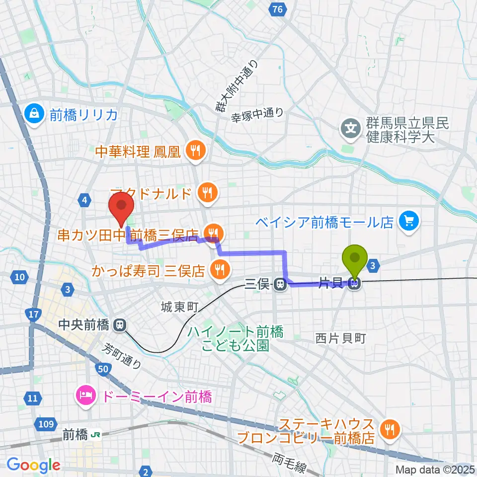 片貝駅から群馬県民会館[休館]へのルートマップ地図