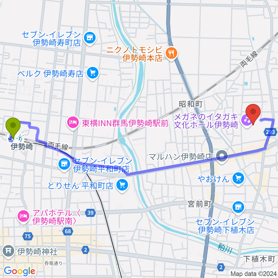 伊勢崎駅からメガネのイタガキ文化ホール伊勢崎へのルートマップ地図