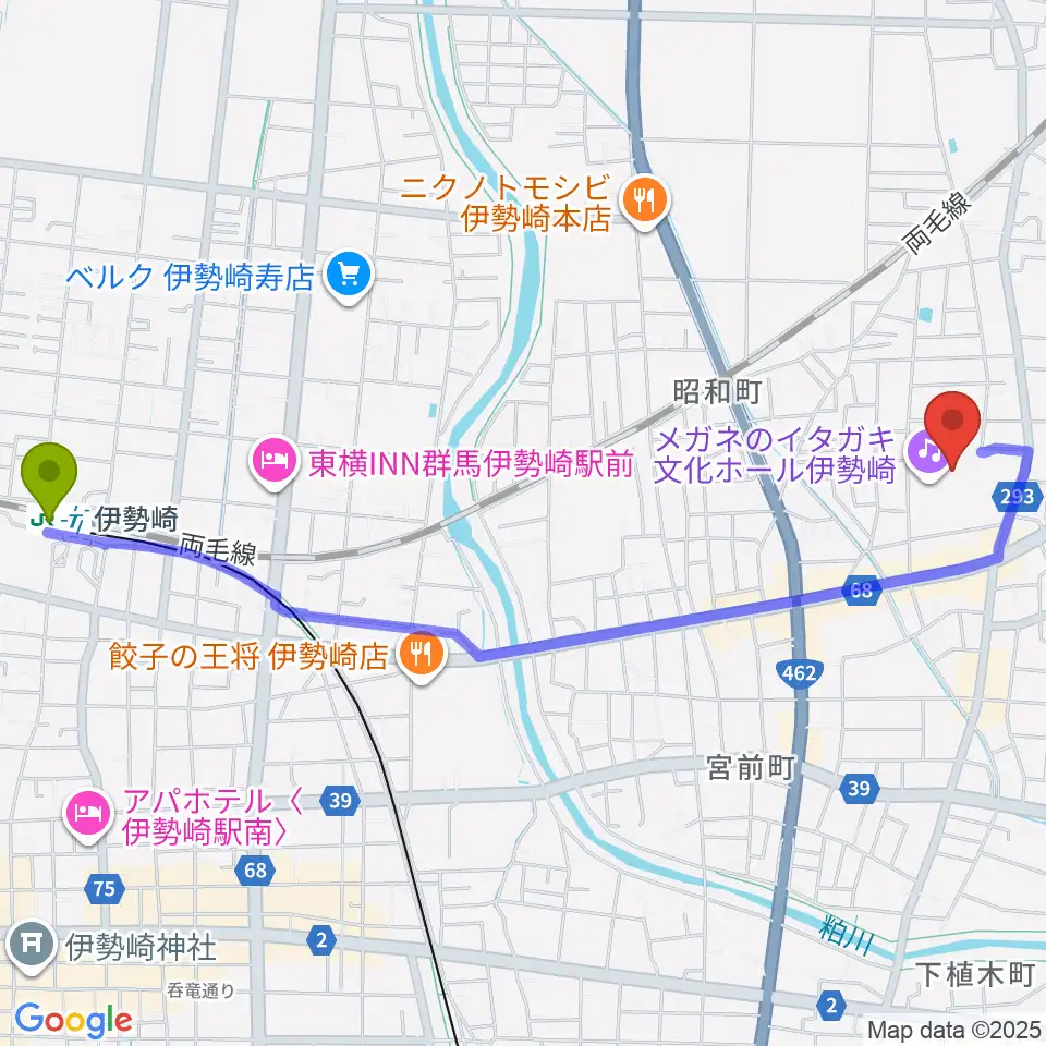 伊勢崎駅からメガネのイタガキ文化ホール伊勢崎へのルートマップ地図