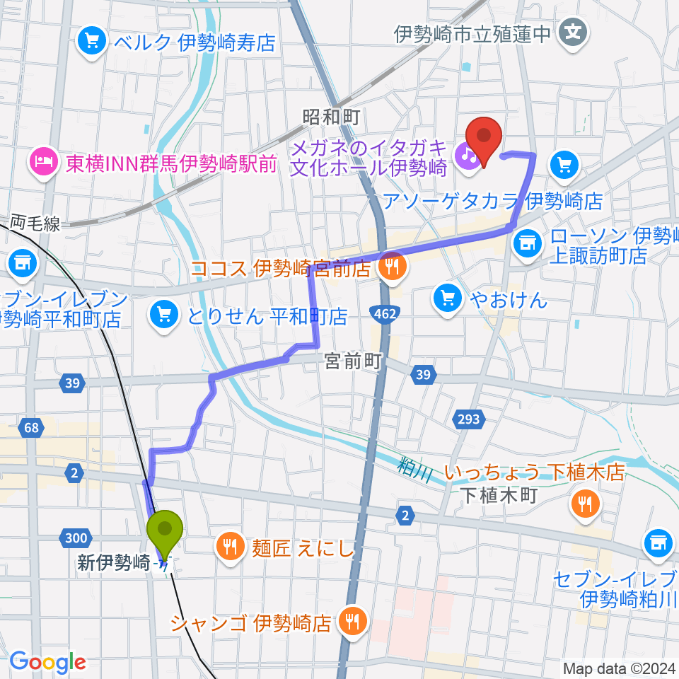 メガネのイタガキ文化ホール伊勢崎の最寄駅新伊勢崎駅からの徒歩ルート（約23分）地図