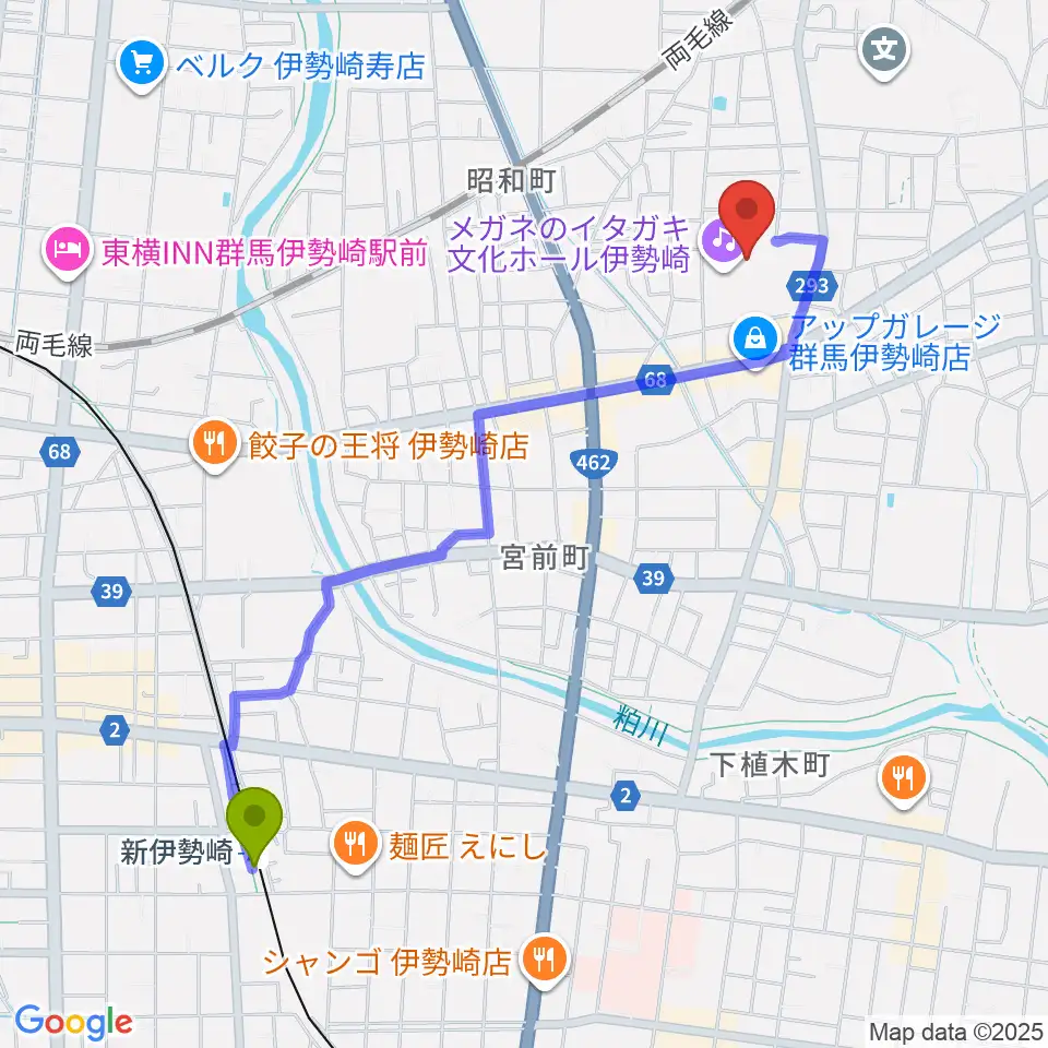メガネのイタガキ文化ホール伊勢崎の最寄駅新伊勢崎駅からの徒歩ルート（約23分）地図