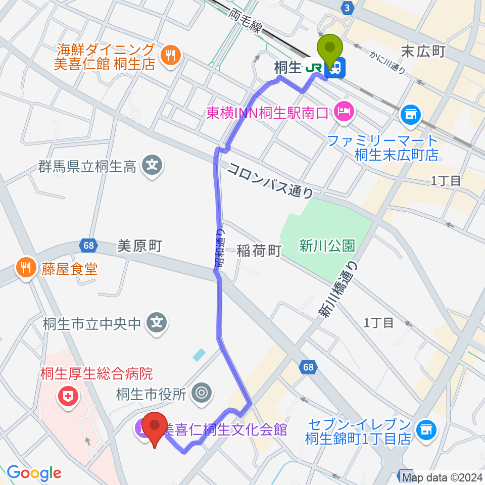 美喜仁桐生文化会館の最寄駅桐生駅からの徒歩ルート（約13分）地図