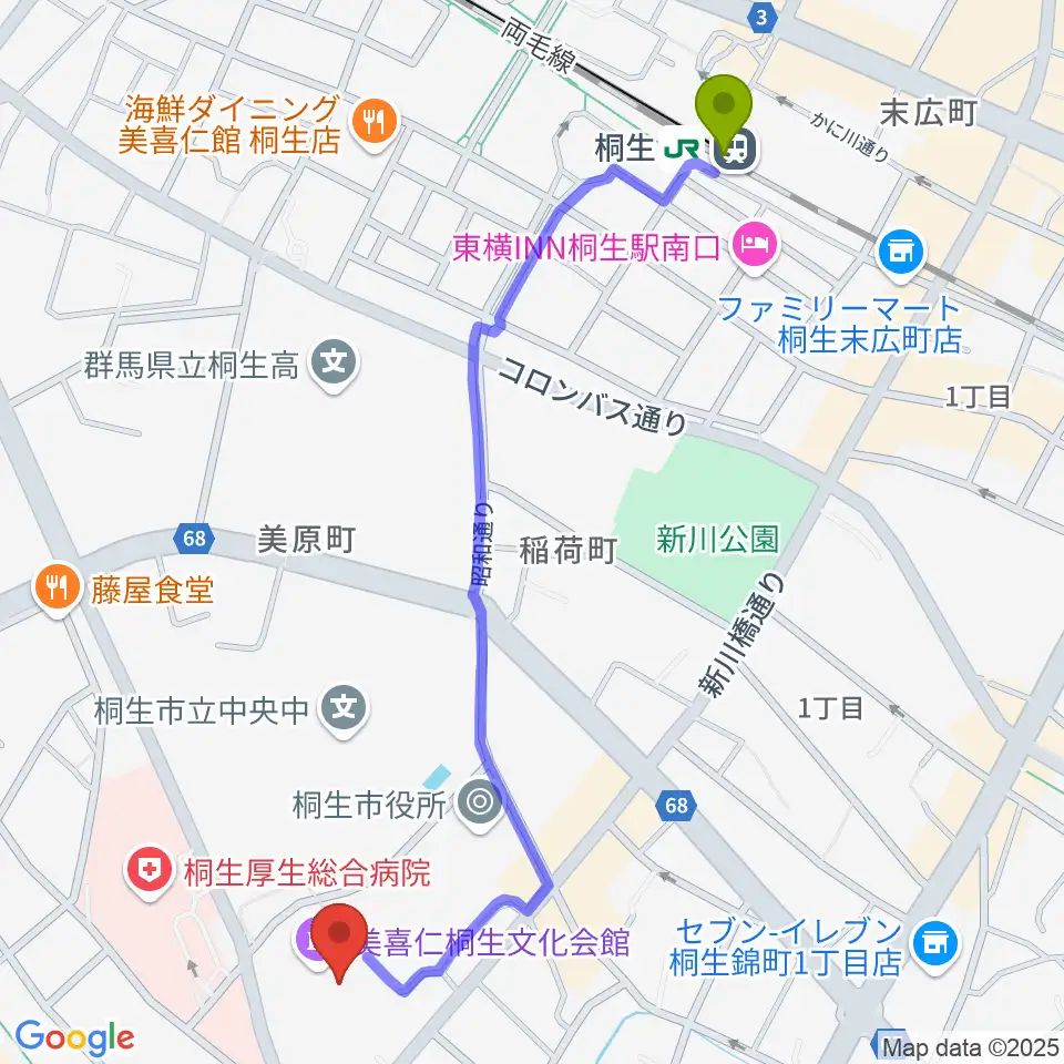 美喜仁桐生文化会館の最寄駅桐生駅からの徒歩ルート（約13分）地図